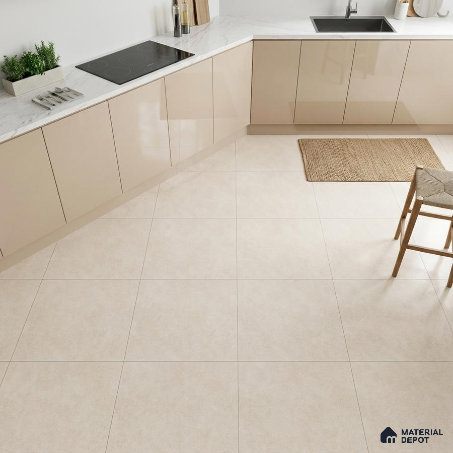 Modern kitchen with beige high gloss laminate cabinets and white marble countertop