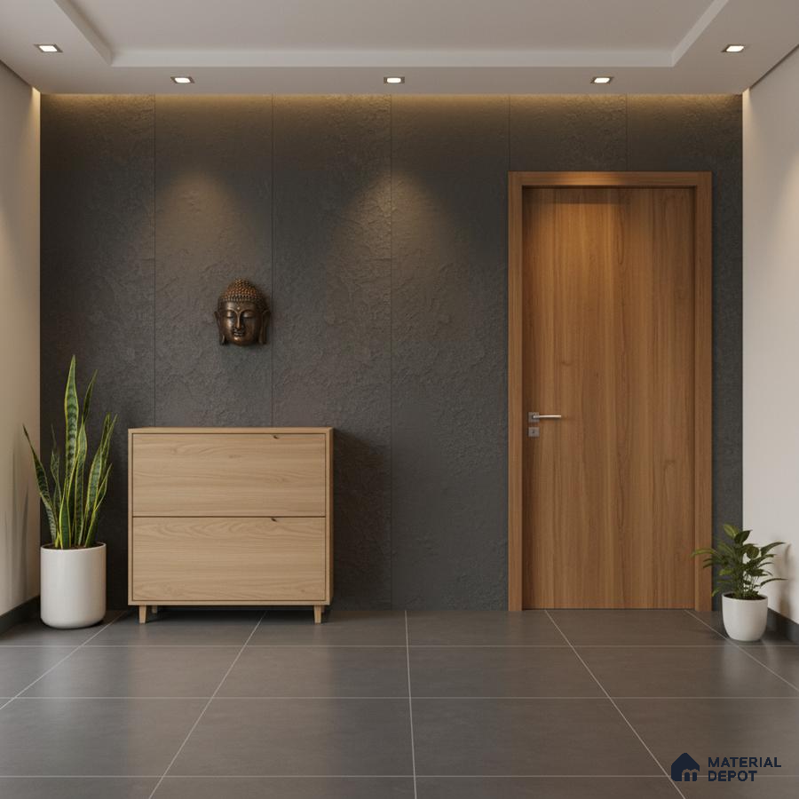 Minimalist foyer with textured charcoal wall panels, light oak laminate door and cabinet, and large grey floor tiles
