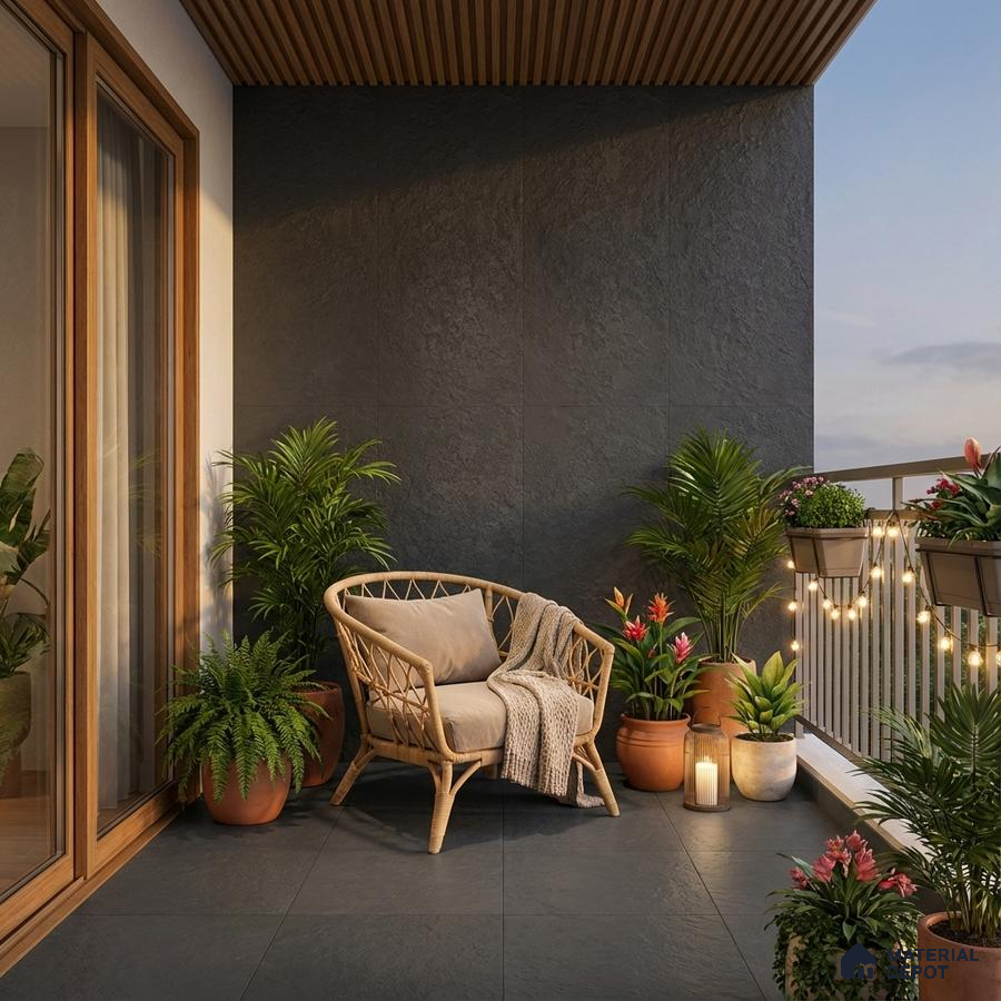 Scandinavian balcony with charcoal stone tiles, wooden louver ceiling, and rattan chair