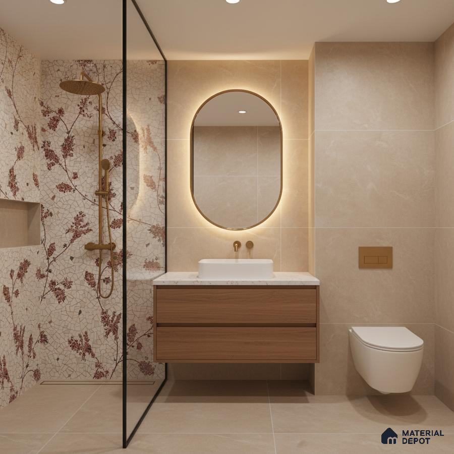 Modern bathroom with beige stone tiles, floral mosaic highlighter wall tile, and wood vanity