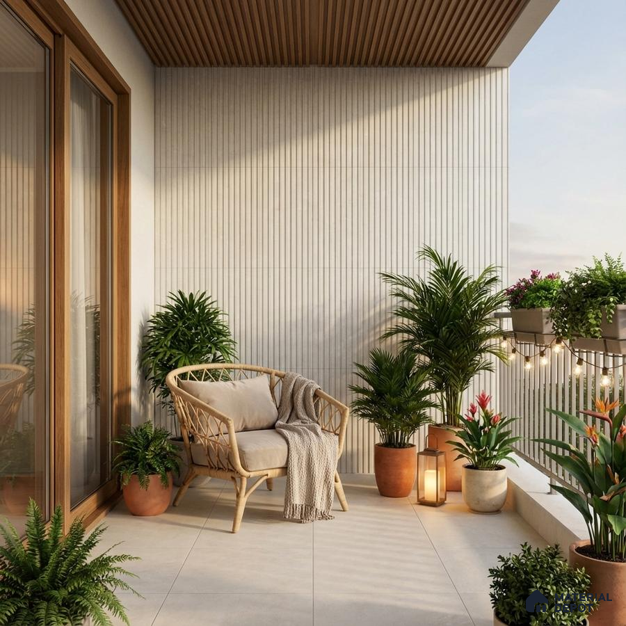 Scandinavian balcony with fluted wall panels, beige floor tiles, and wooden ceiling louvers