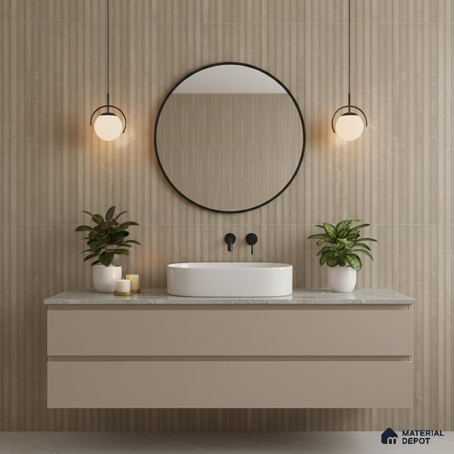 Minimalist bathroom with beige fluted wall tiles and matte beige vanity with marble countertop