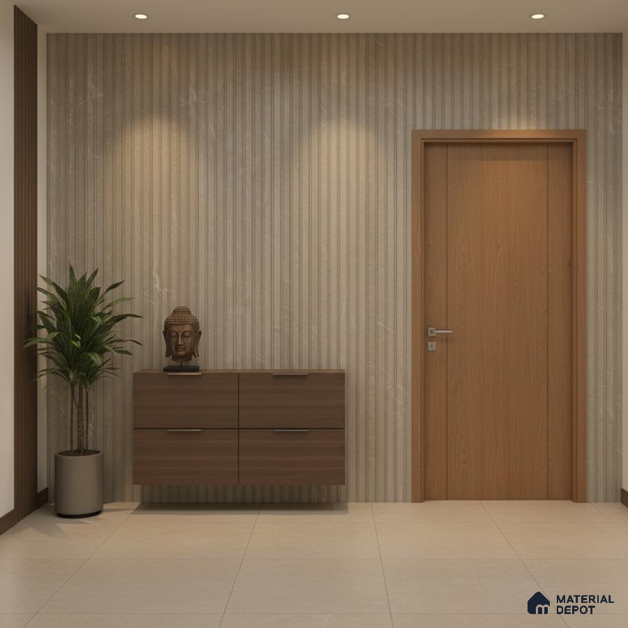 Modern foyer with beige marble fluted wall panels and walnut brown laminate console