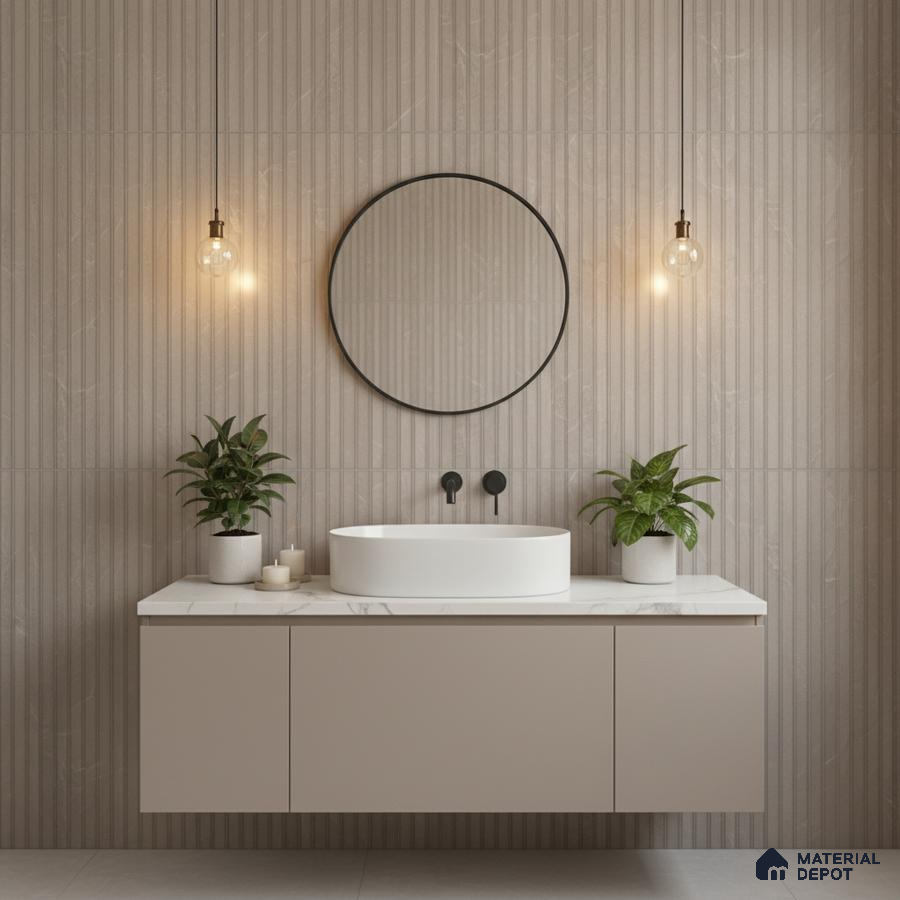 Minimalist bathroom with beige fluted wall tiles and white marble countertop vanity