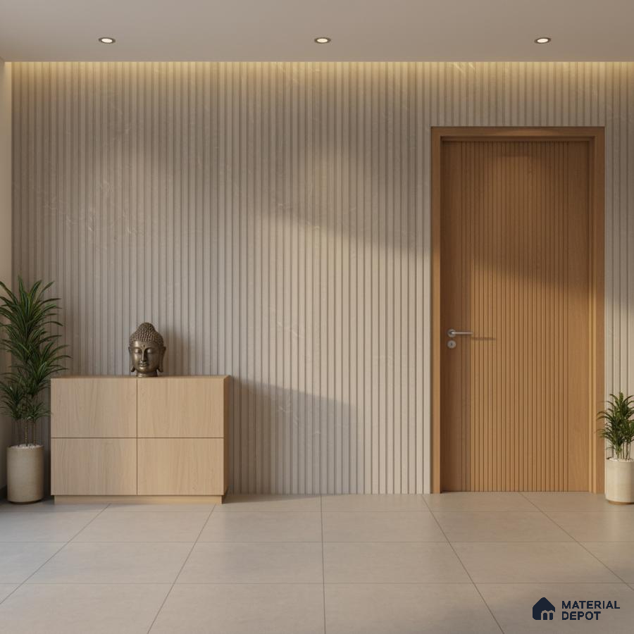 Minimalist foyer with beige fluted wall panels, light wood laminate door and cabinet, and large beige floor tiles