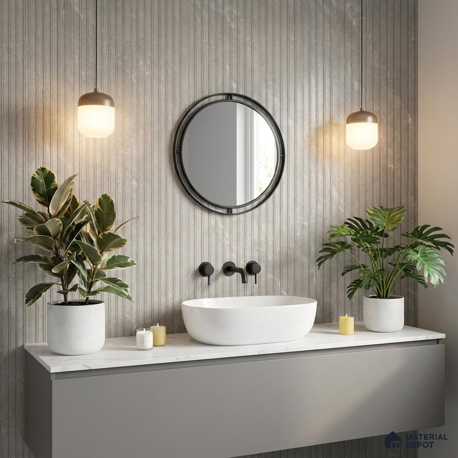 Minimalist bathroom with grey fluted marble wall tiles and white marble countertop vanity
