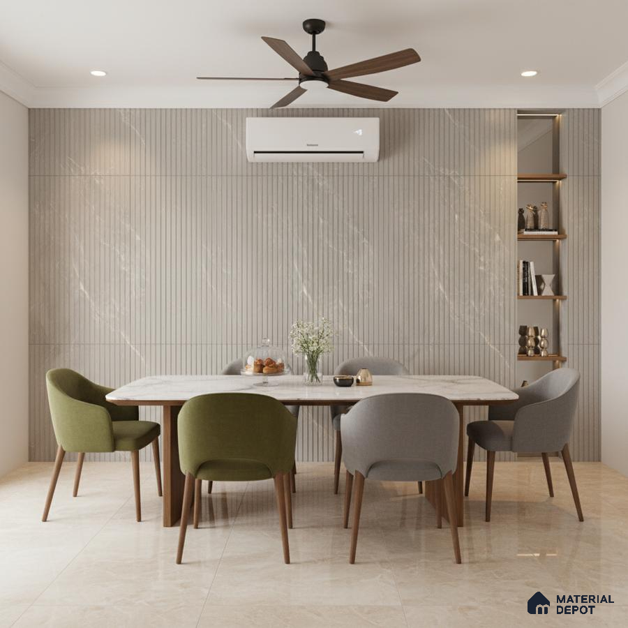 Modern dining room with marble-look fluted wall panels and beige marble floor tiles