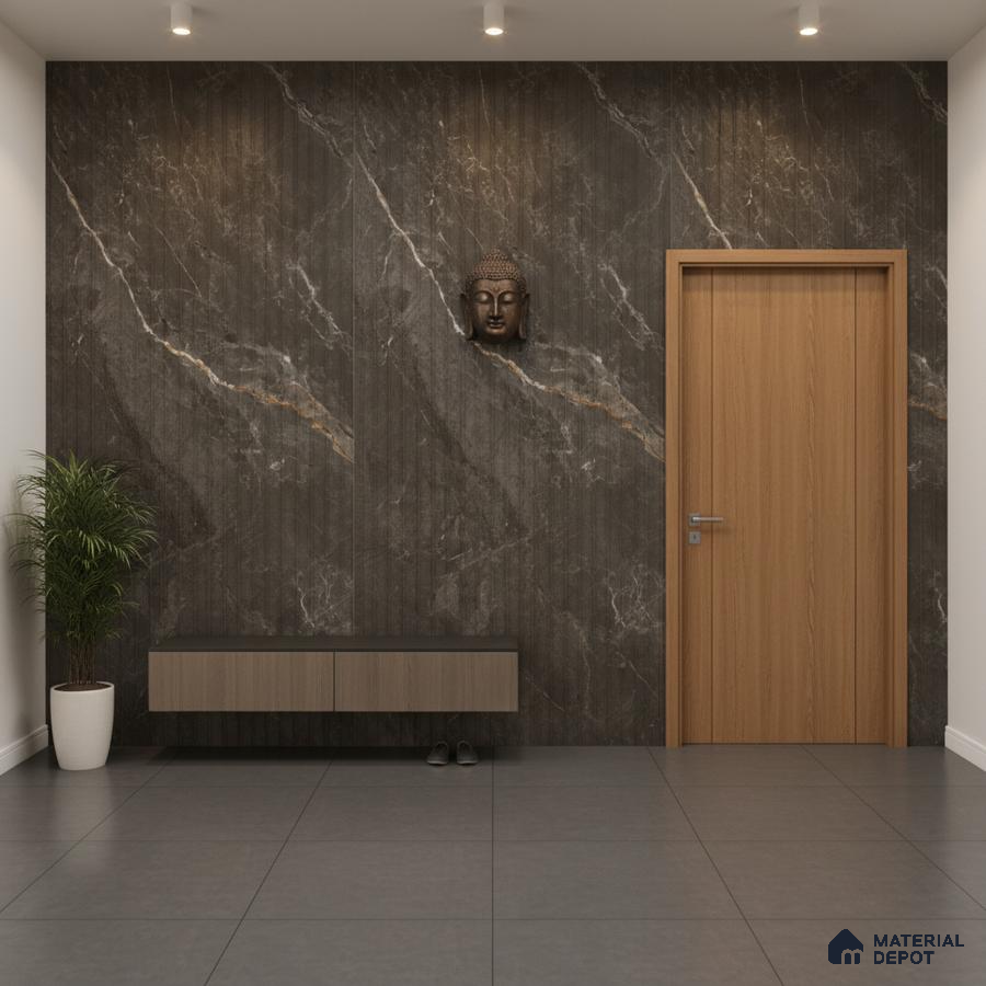Modern foyer with dark marble-look fluted wall panels and floating wooden laminate console