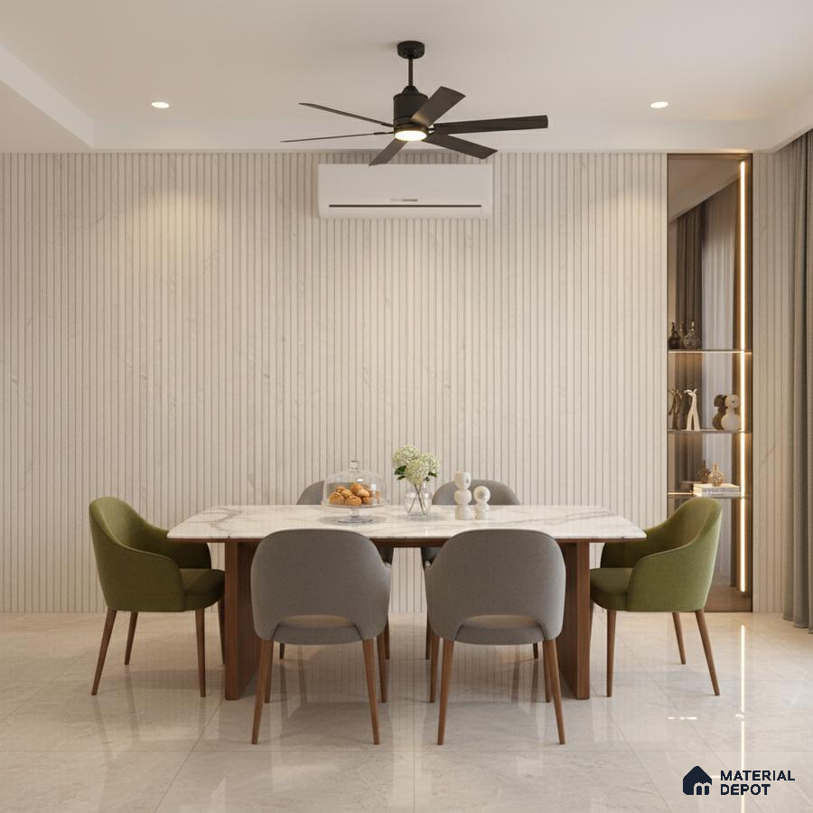 Minimalist dining room with marble dining table, fluted beige wall panels, and glossy marble floor tiles