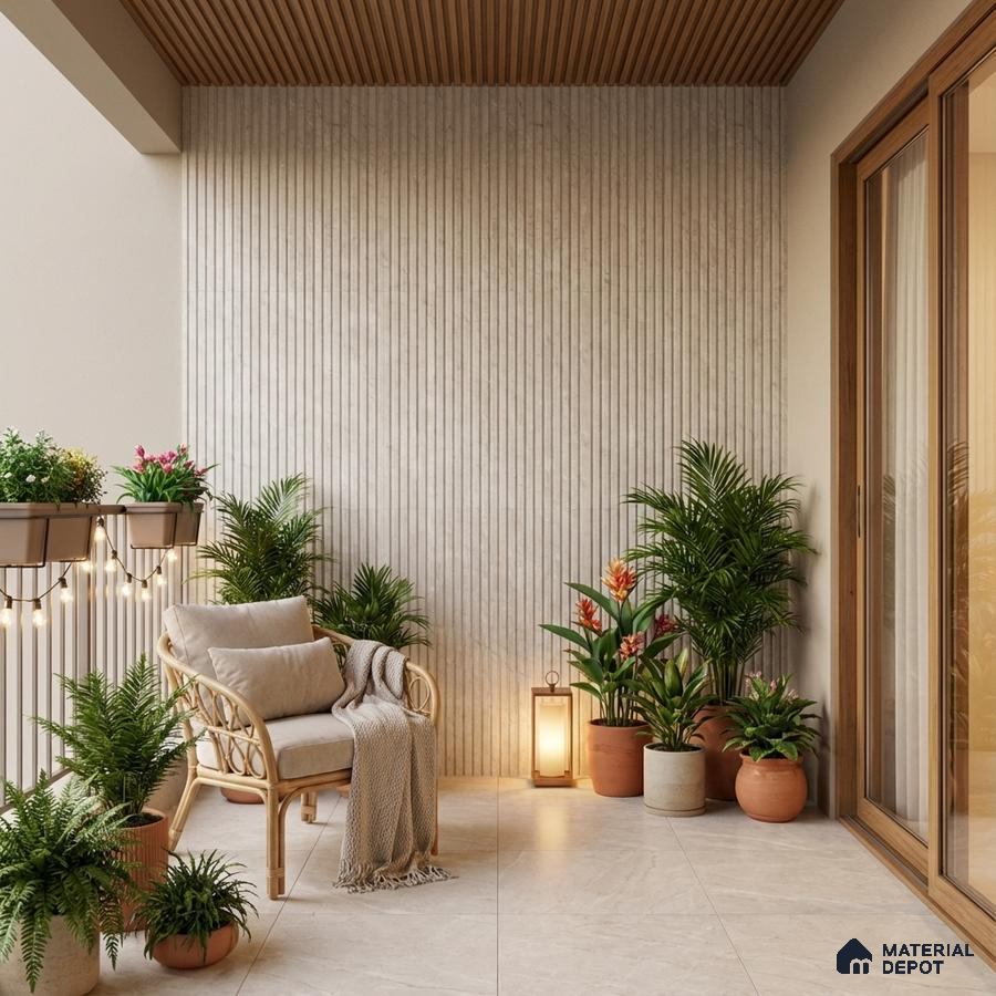 Scandinavian balcony with beige fluted wall panels, light wood ceiling louvers, and stone-look floor tiles