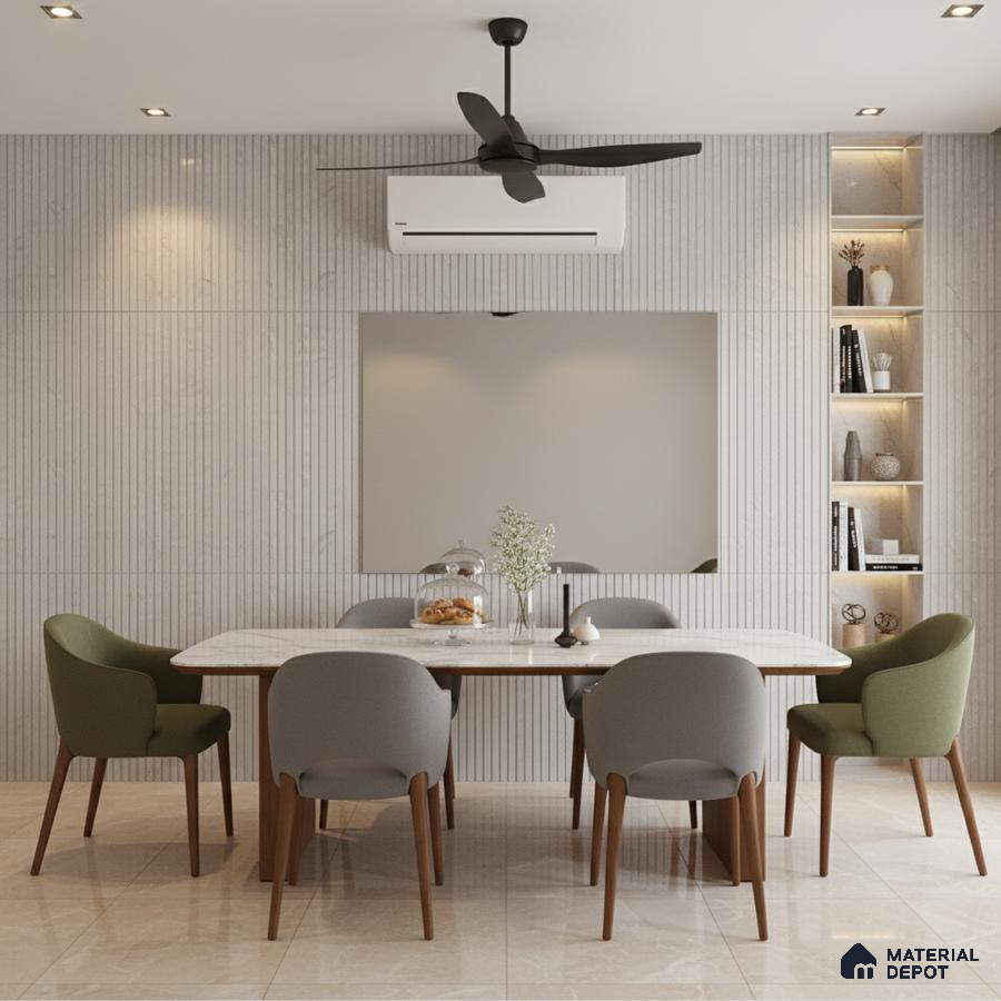 Modern dining room with marble dining table, fluted wall panels, and beige marble floor tiles
