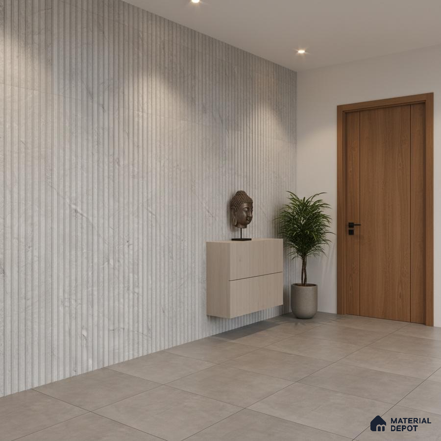 Minimalist foyer with fluted marble wall panels, light wood laminate console, and large grey floor tiles