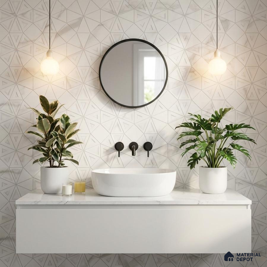Minimalist bathroom with geometric patterned wall tiles and white marble countertop