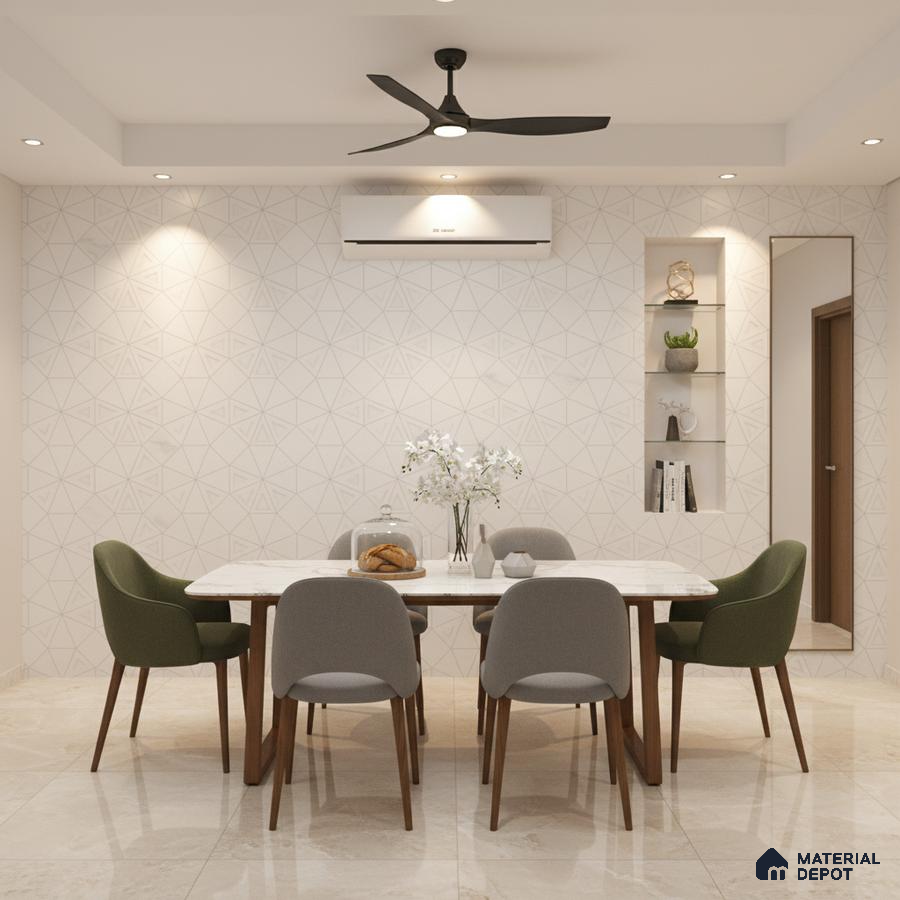 Modern dining room with geometric wallpaper, marble dining table, and beige floor tiles