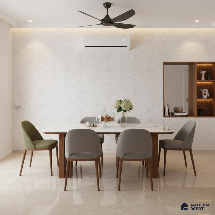 Minimalist dining room with marble tabletop, geometric white wall panels, and beige marble floor tiles