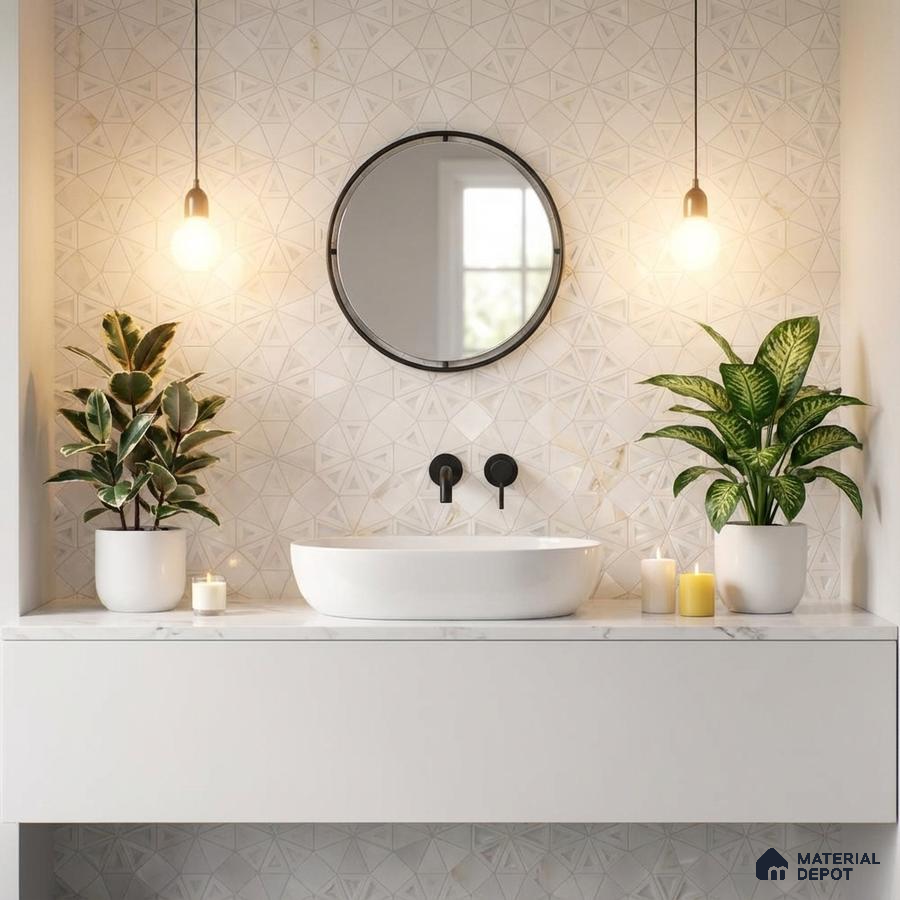 Minimalist bathroom with geometric white wall tiles and white marble countertop