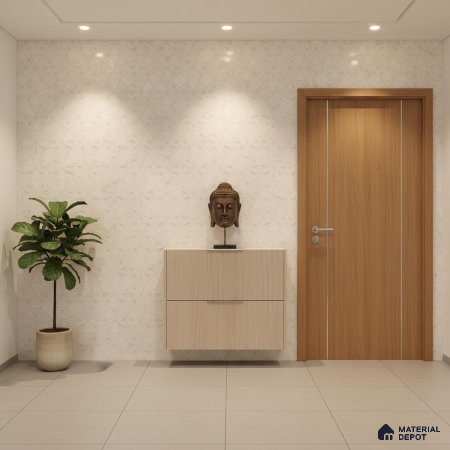 Minimalist foyer with light wood laminate console, geometric white wall tiles, and beige floor tiles