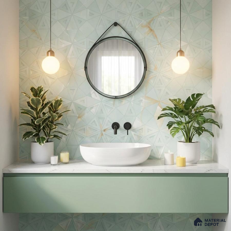 Modern bathroom with mint green geometric wall tiles and pastel green floating vanity