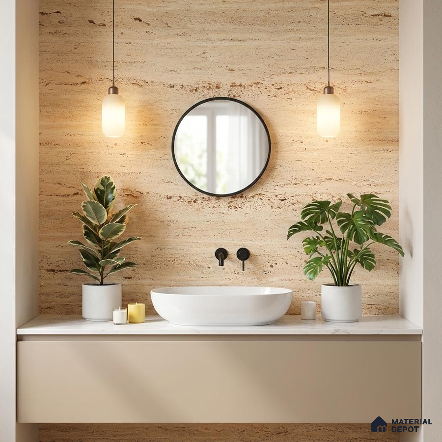 Minimalist bathroom with travertine wall tile and beige floating vanity