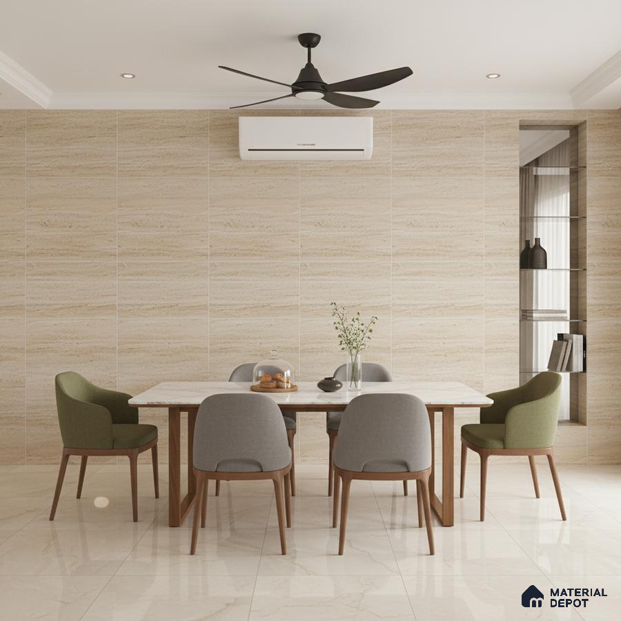 Modern dining room with beige travertine-look wall tiles and marble floor tiles