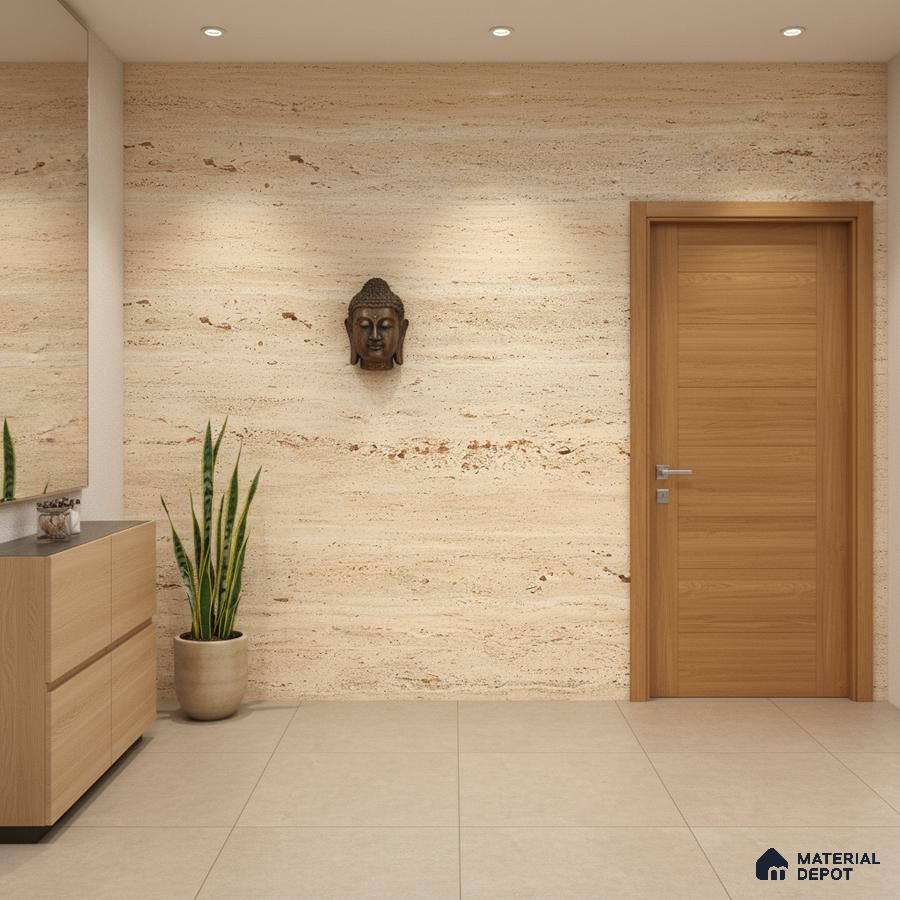 Minimalist foyer with travertine stone wall, light oak laminate cabinetry, and beige floor tiles