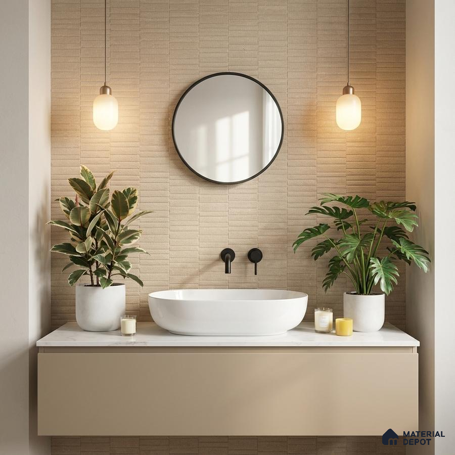 Minimalist bathroom with beige textured wall tiles and matte beige vanity