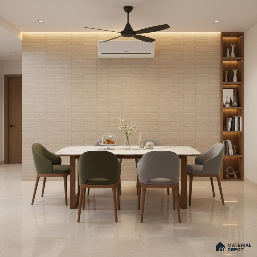 Modern dining room with beige textured wall tile, marble dining table, and glossy cream floor tiles