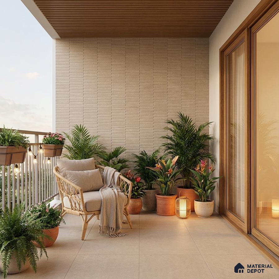 Scandinavian balcony with beige textured wall tile, wooden ceiling louvers, and large beige floor tiles