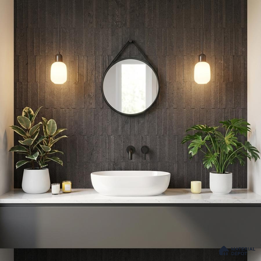 Minimalist bathroom with black textured wall tile and white marble countertop