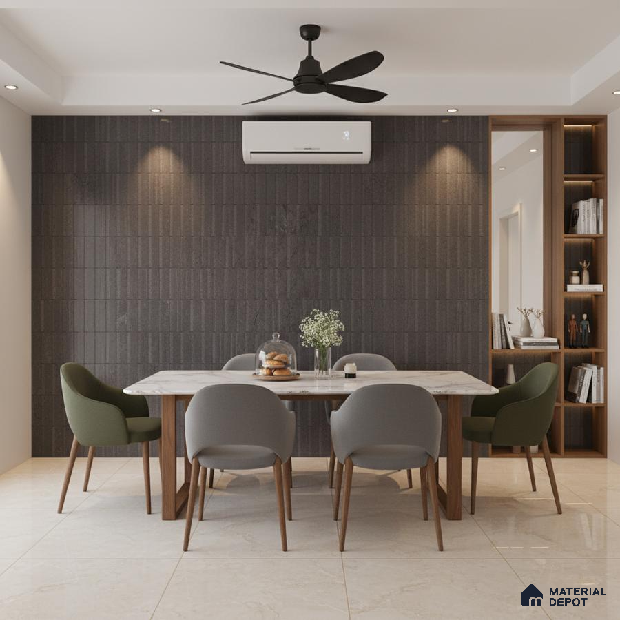 Modern dining room with dark fluted wall panels, marble top dining table, and beige marble floor tiles