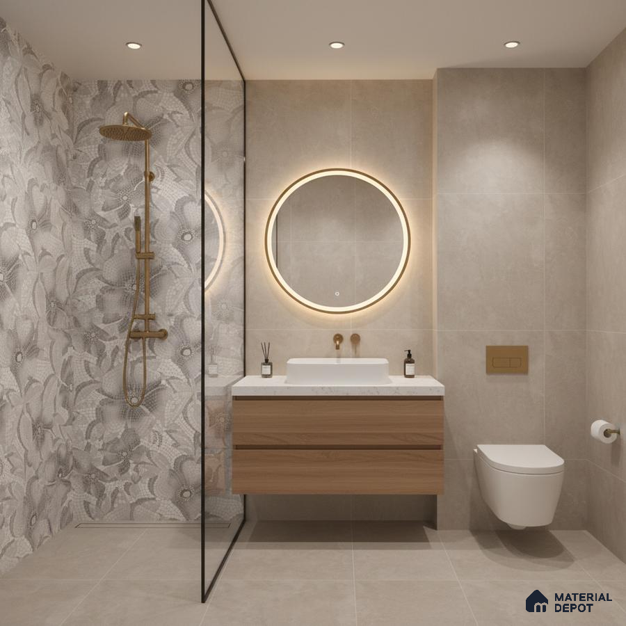 Modern bathroom with beige stone tiles, floral patterned highlighter wall tile, and floating wood vanity