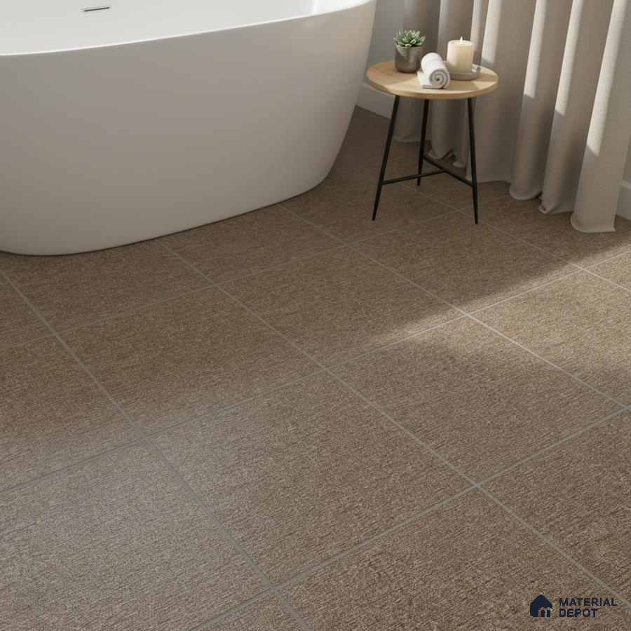 Minimalist bathroom with textured brown floor tiles and freestanding tub