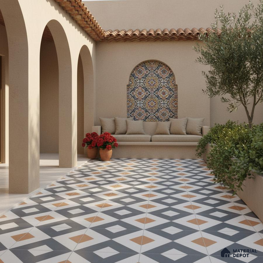 Mediterranean outdoor patio with geometric patterned floor tiles and decorative moroccan wall tile