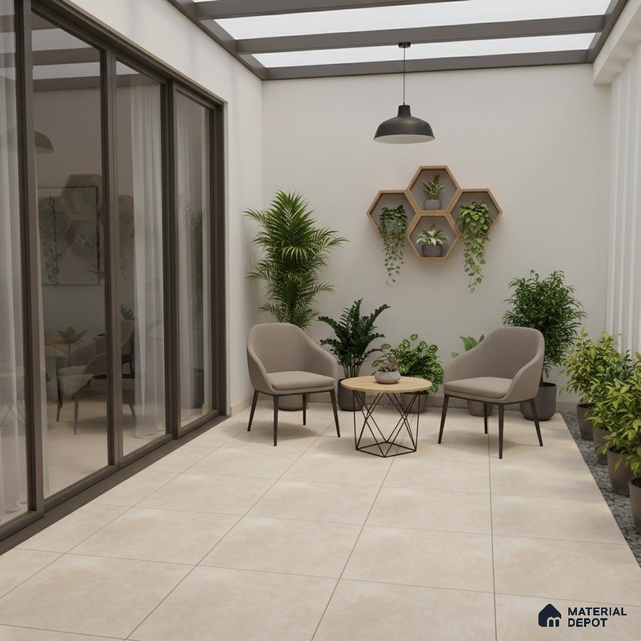 Minimalist balcony with beige floor tiles and modern planters