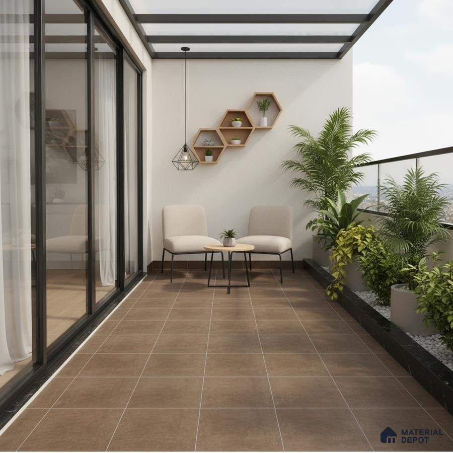 Modern balcony with matte brown floor tiles and wooden hexagonal wall shelves