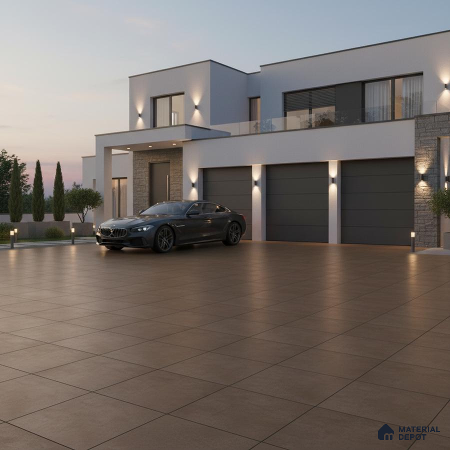 Modern parking with large format brown outdoor floor tiles and stone cladding accents