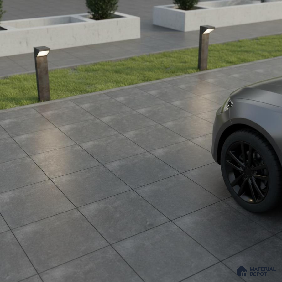 Modern parking area with large format grey stone-look matte floor tiles