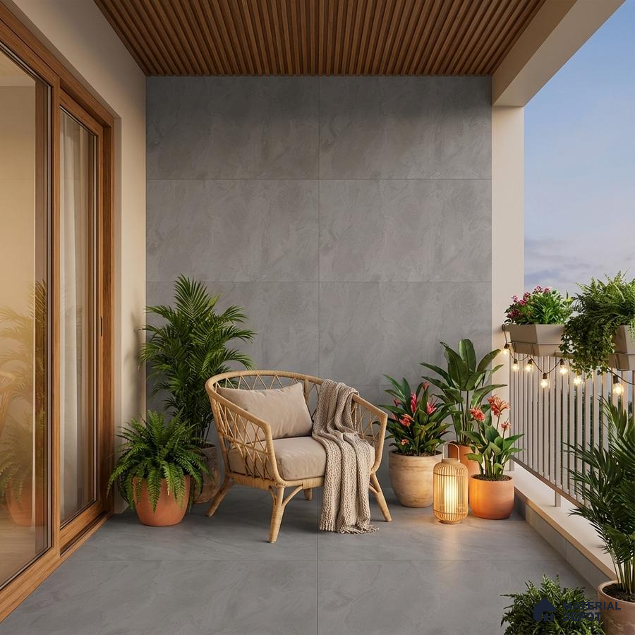 Scandinavian balcony with grey stone-look tiles and wooden ceiling louvers
