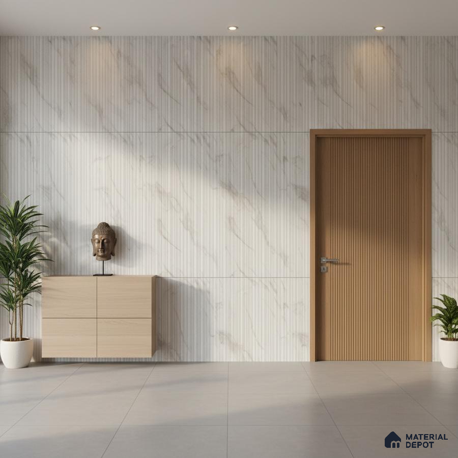 Minimalist foyer with marble-look fluted wall panels and light oak laminate console