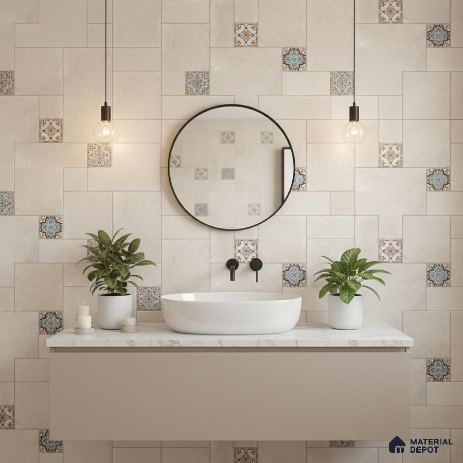 Modern bathroom with beige wall tiles, blue patterned moroccan accent tiles, and white marble countertop