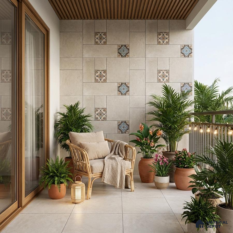 Scandinavian balcony with beige floor tiles, patterned accent wall tiles, and wooden ceiling panels