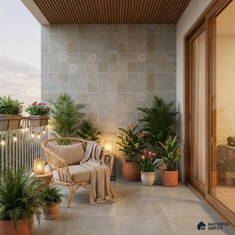 Scandinavian balcony with beige patterned wall tiles, large format floor tiles, and wooden ceiling louvers