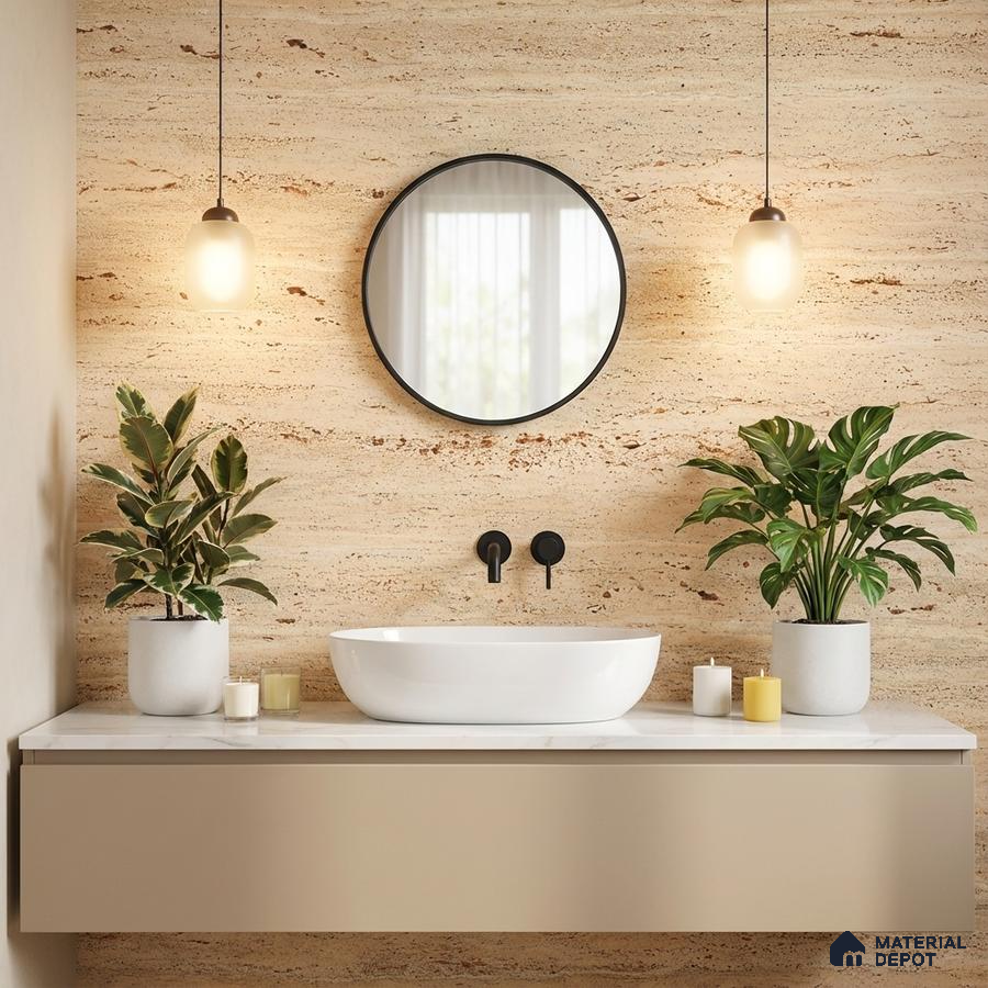Minimalist bathroom with travertine stone wall tile and beige floating vanity