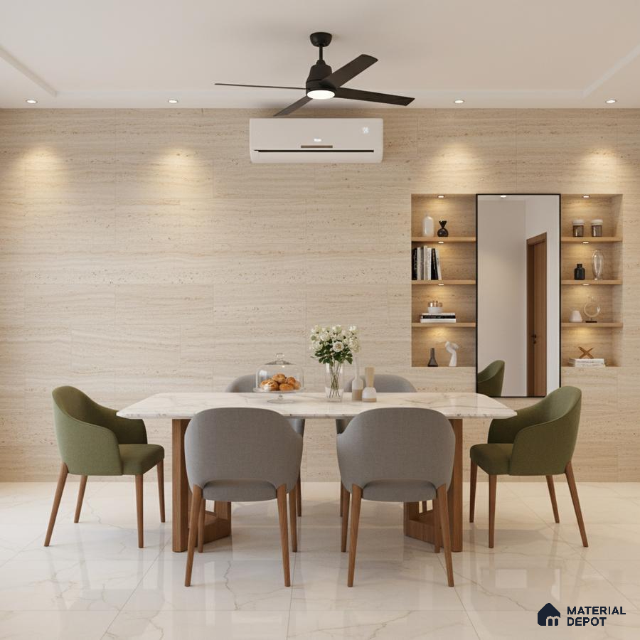 Modern dining room with travertine wall tiles, white marble dining table, and marble floor tiles