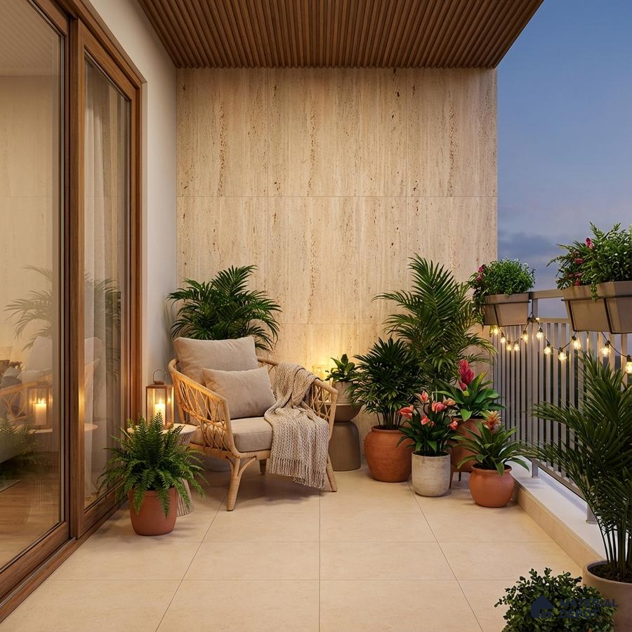 Scandinavian balcony with beige stone wall tiles, wooden ceiling louvers, and neutral floor tiles