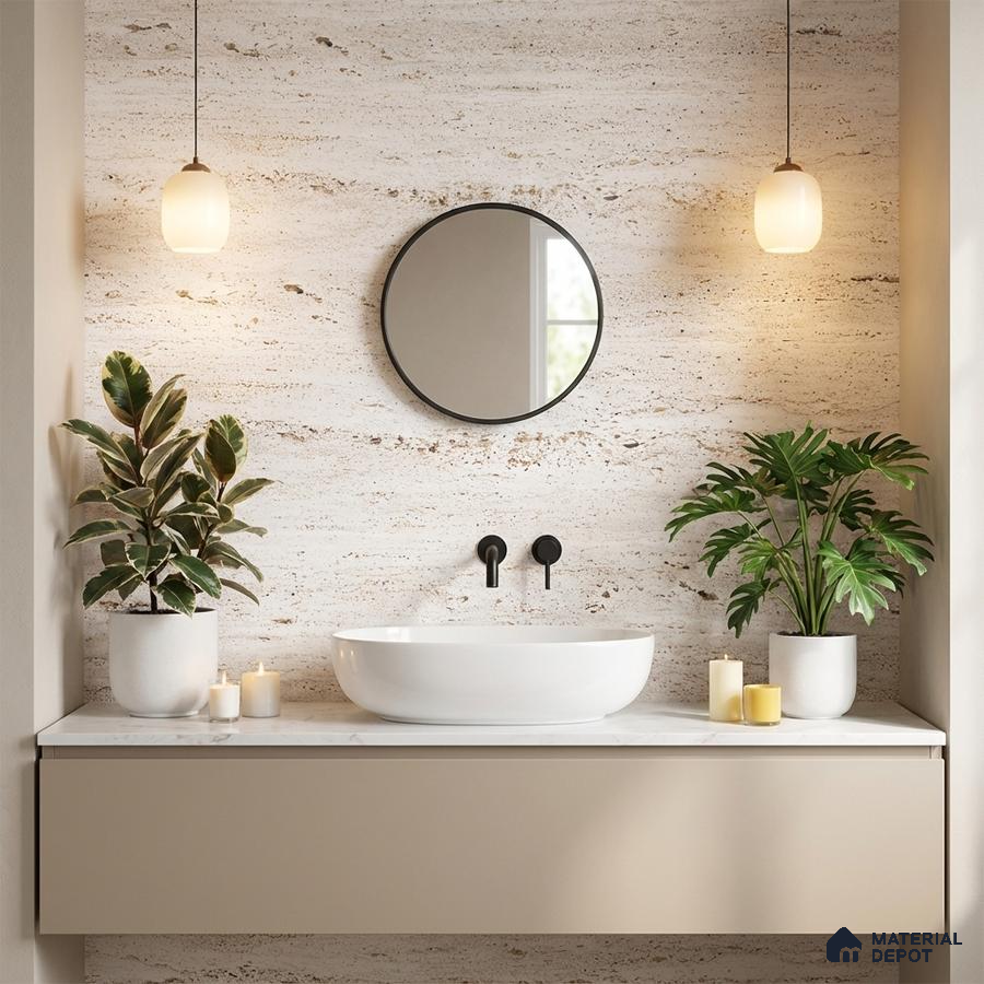 Minimalist bathroom with travertine wall tile, beige floating vanity, and white marble countertop