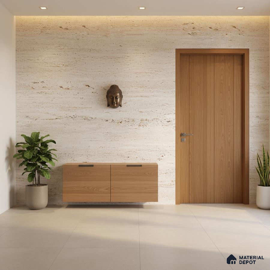 Minimalist foyer with travertine stone wall, light oak laminate console, and beige floor tiles