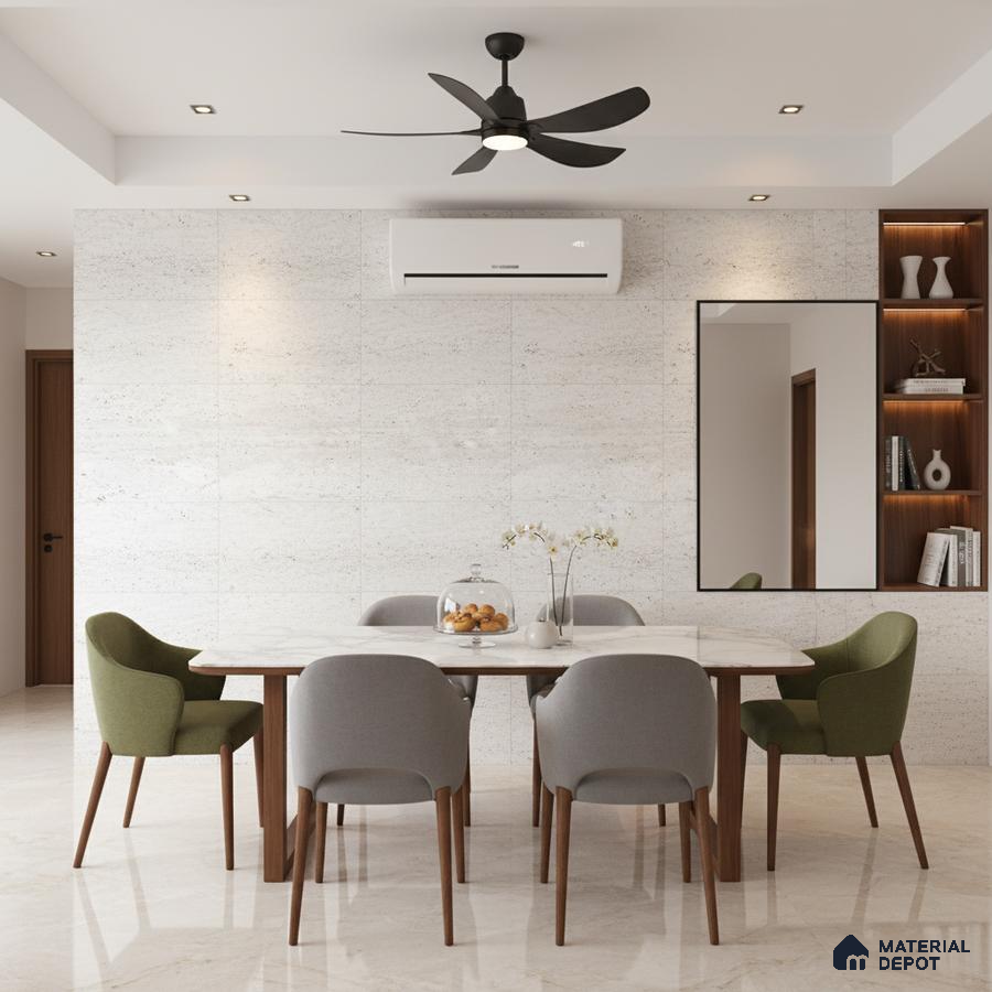 Modern dining room with marble-look floor tiles and white stone wall tiles