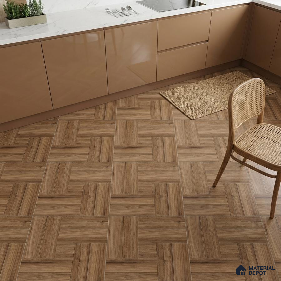 Modern kitchen with glossy beige laminate cabinets, white marble countertop, and parquet wood-look floor tiles