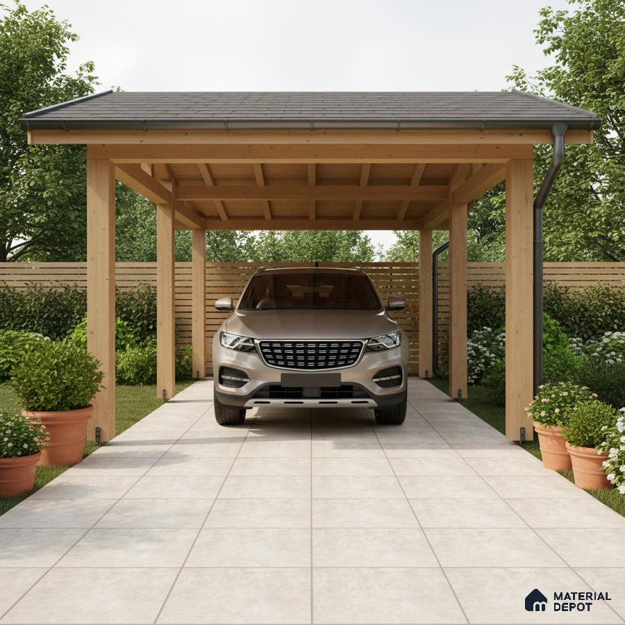 Modern parking with light beige outdoor floor tiles and natural wood carport structure